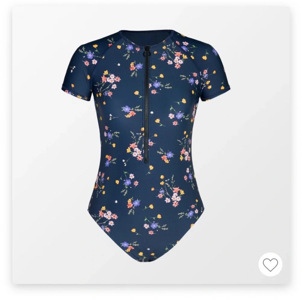 Cupshe Navy Floral Short-Sleeve One-Piece Swimsuit